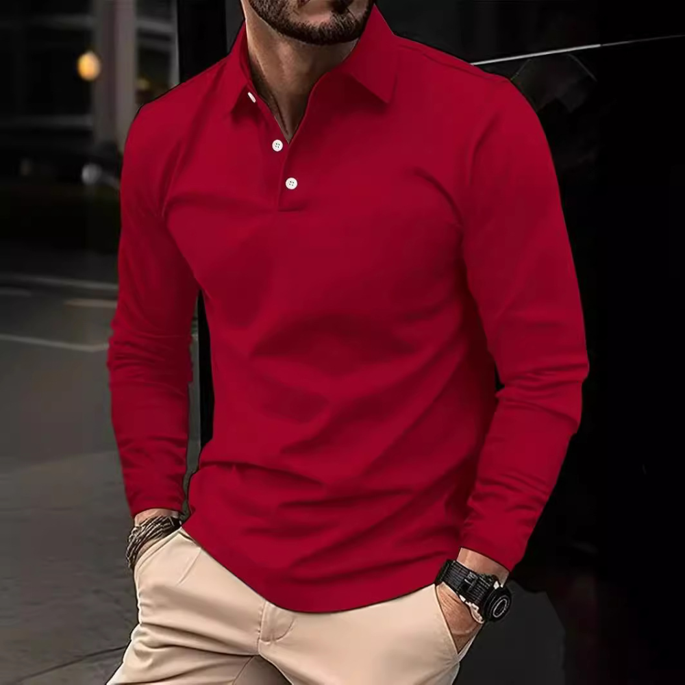Rød langermet poloshirt til herre, allsidig og tidløs for en stilren look til fritid og hverdag.