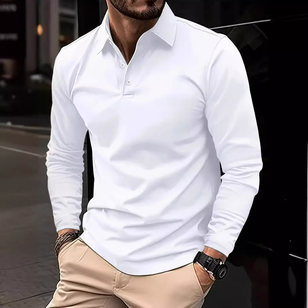 Klassisk hvit langermet poloshirt for herre. Komfortabelt plagg for en stilren og elegant fremtoning.