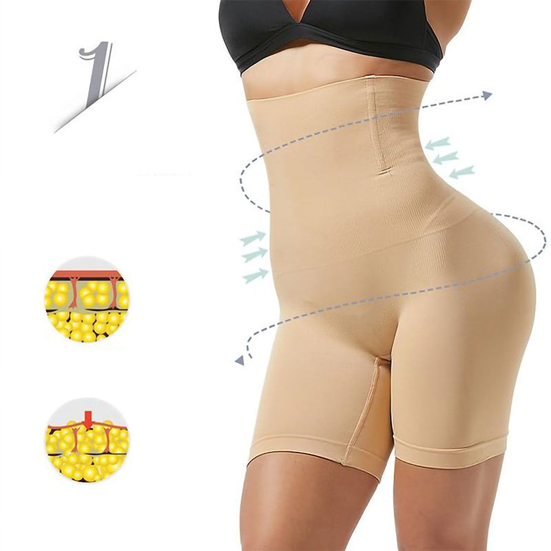 "Mageformende shorts i beige, høy midje, gir komfort og støtte. Perfekt for å forme mage, rygg og lår."
