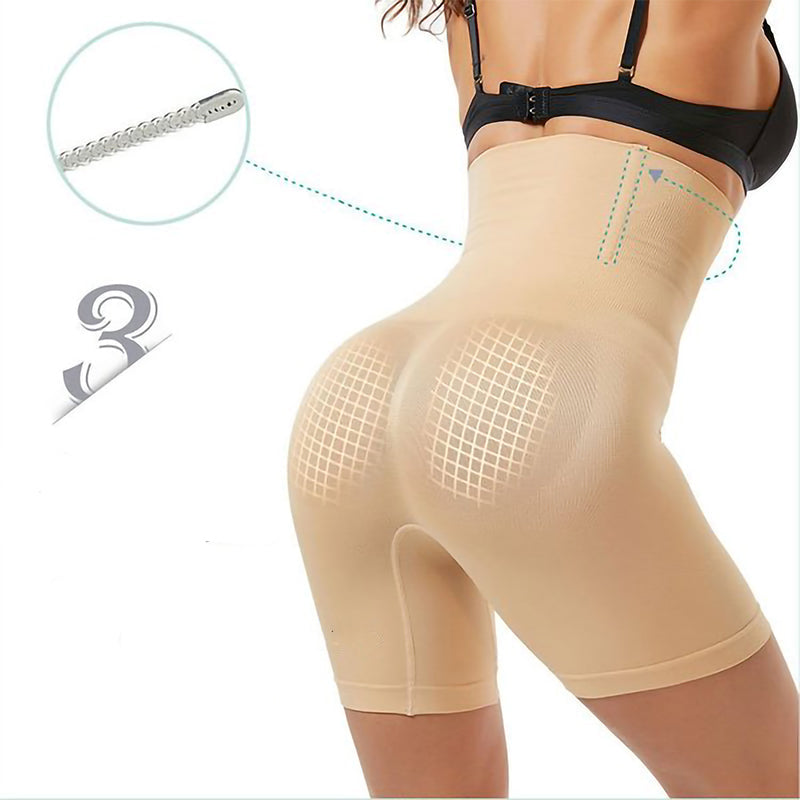 "Mageformende shorts i beige, høy midje, gir komfort og støtte. Perfekt for å forme mage, rygg og lår."