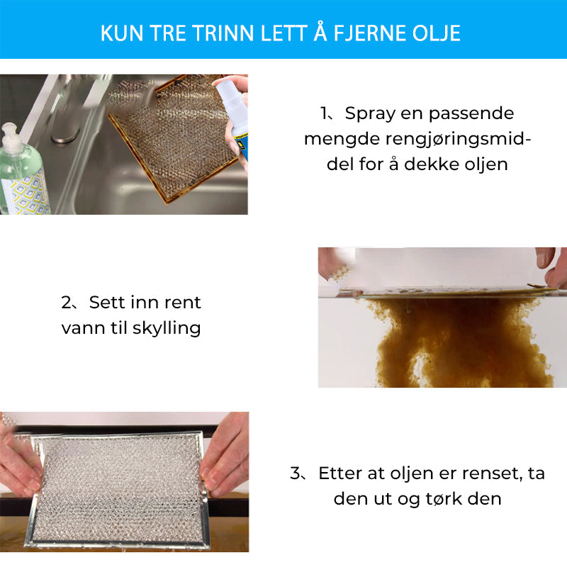 "Magic Avfettingsspray - Klar flaske med grønn etikett for effektiv rengjøring av flere overflater uten skylling."