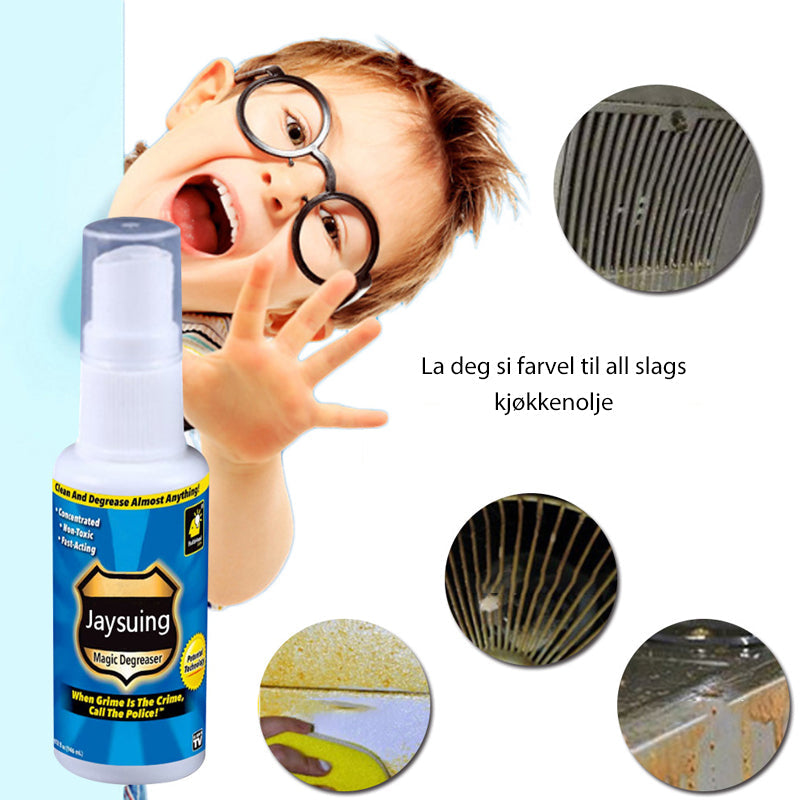 "Magic Avfettingsspray - Klar flaske med grønn etikett for effektiv rengjøring av flere overflater uten skylling."