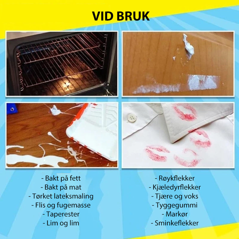 "Magic Avfettingsspray - Klar flaske med grønn etikett for effektiv rengjøring av flere overflater uten skylling."