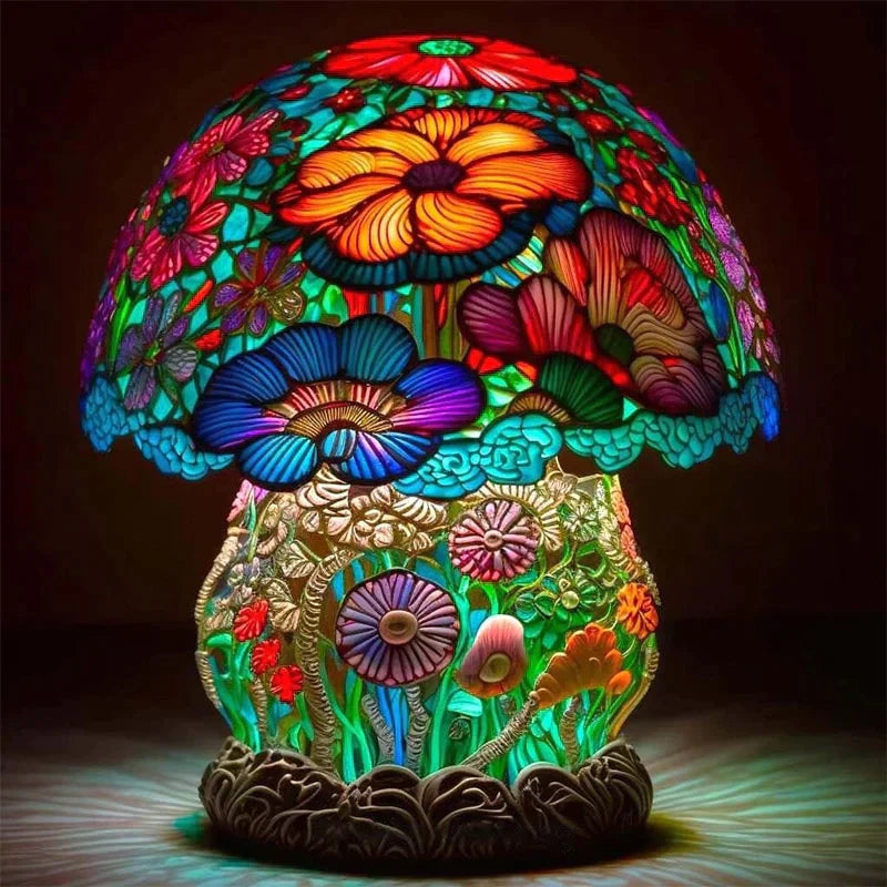 Detalj av fargerik glassmaleri bordlampe for barn. Unikt design, skaper koselig nattlys og eventyrlig stemning.