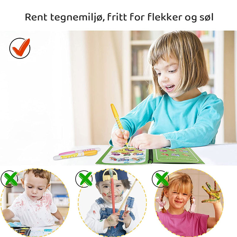 Magisk vannfargebok for barn viser sterke farger, gjenbrukbare sider, perfekt for læring og lek hjemme eller ute.