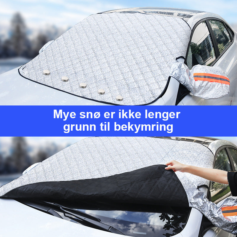 "Magnetisk anti-snødeksel for biler, grått aluminiumsstoff, beskytter frontruten mot snø og frost om vinteren."