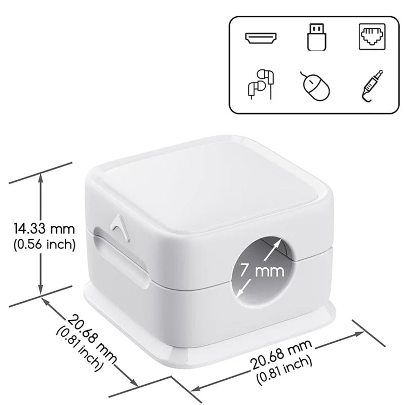"Magnetisk ledningsholder som organiserer kabler effektivt, med stilren design og sikker lås for tekniske enheter."