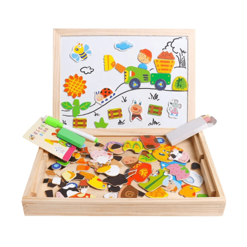 Miljøvennlig tegnebrett med magnetiske former og krittavle for små barns kreativitet.