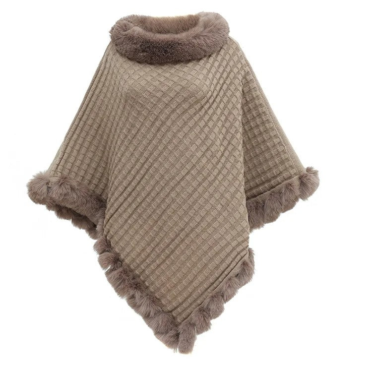Cozy vintage knitted cape with collar in faux fur