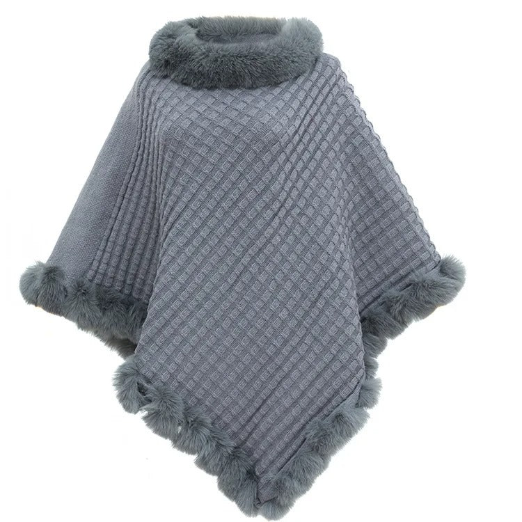 Cozy vintage knitted cape with collar in faux fur