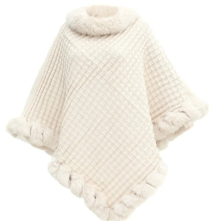Cozy vintage knitted cape with collar in faux fur
