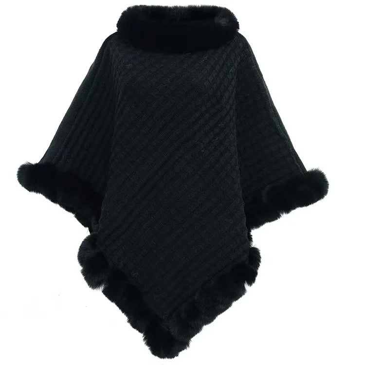 Cozy vintage knitted cape with collar in faux fur