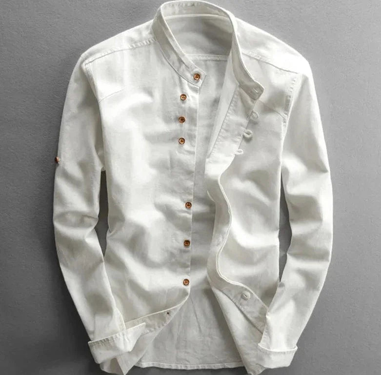 Hvit menns katana-inspirert skjorte i linblanding, japansk stil herreskjorte