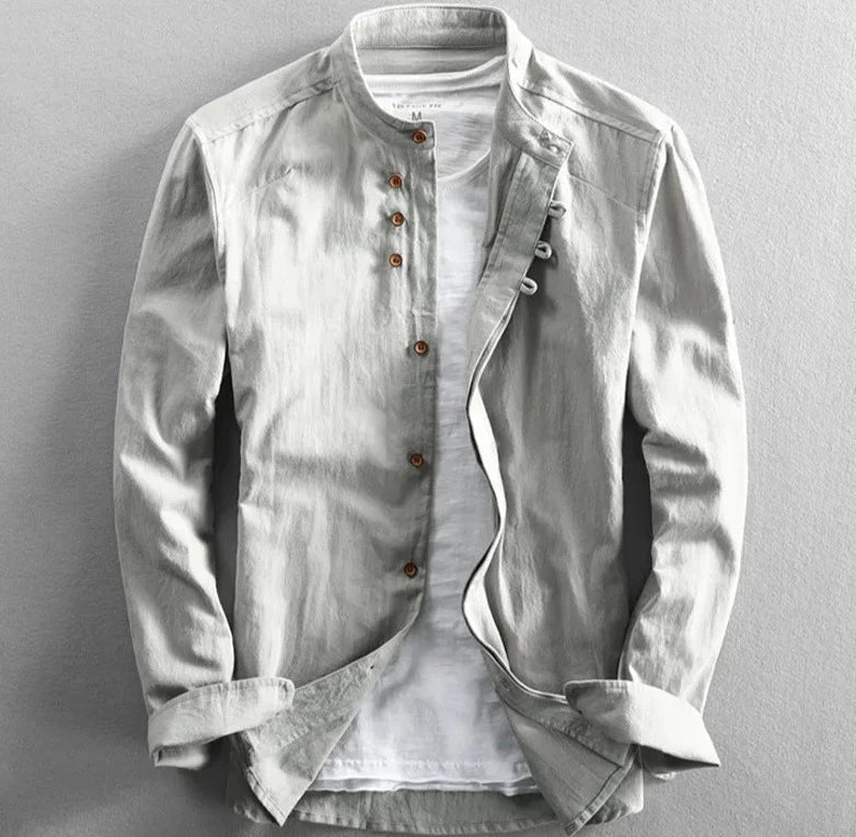 Grå menns katana-inspirert skjorte i linblanding, casual og elegant herremote