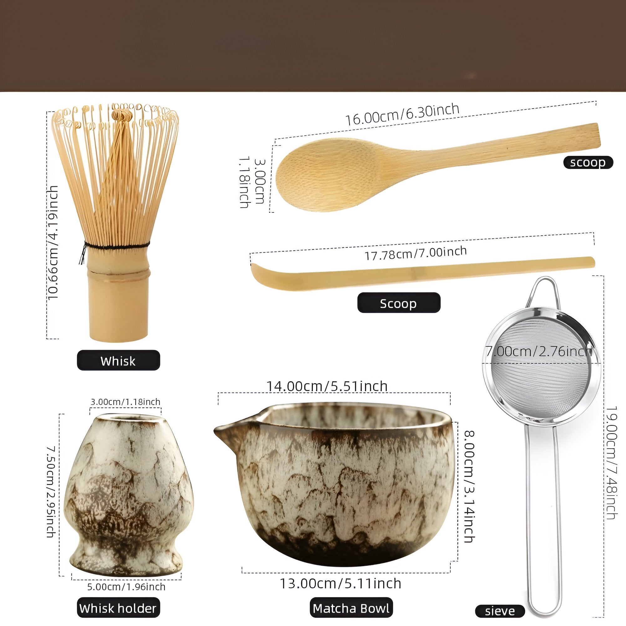 "Matcha Keramikksett - 6 deler - tradisjonell te-seremoni - inkluderer matcha-bolle, visp, scoop og sil, estetisk design."