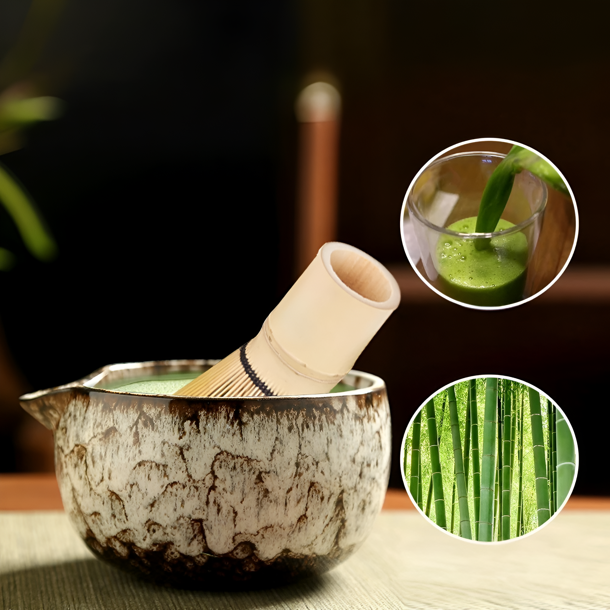"Matcha Keramikksett - 6 deler - tradisjonell te-seremoni - inkluderer matcha-bolle, visp, scoop og sil, estetisk design."