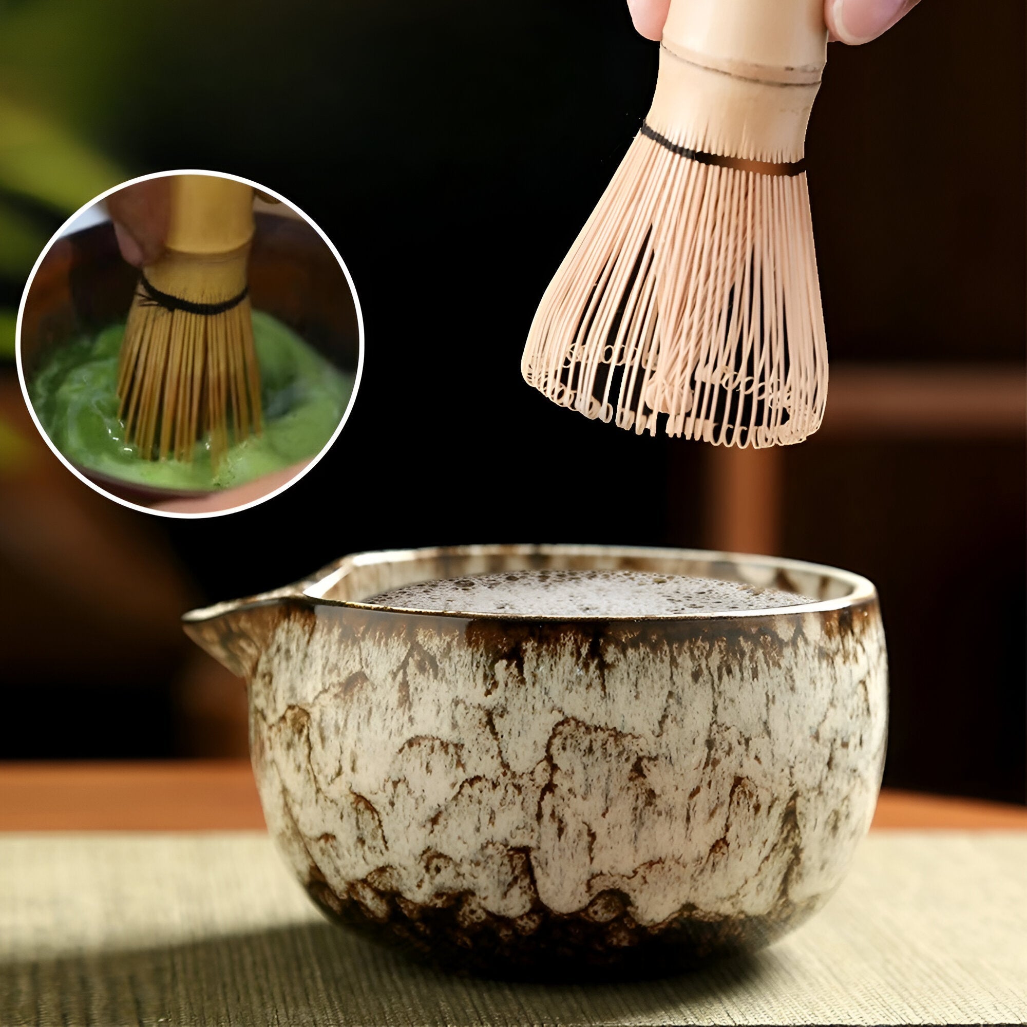 "Matcha Keramikksett - 6 deler - tradisjonell te-seremoni - inkluderer matcha-bolle, visp, scoop og sil, estetisk design."