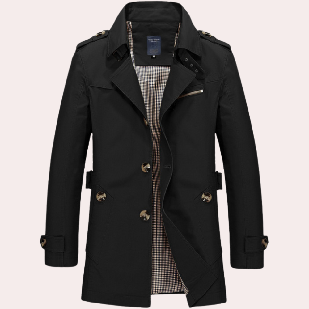 "Matt khaki trenchcoat for menn, stilren vårjakke i høykvalitets bomull, ideell for elegante antrekk om våren."