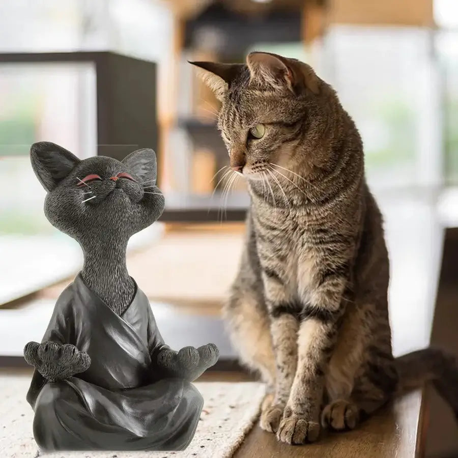 Rolig kattfigur i Buddha-stil, perfekt som meditasjonselement og gave til hjemmedekor.