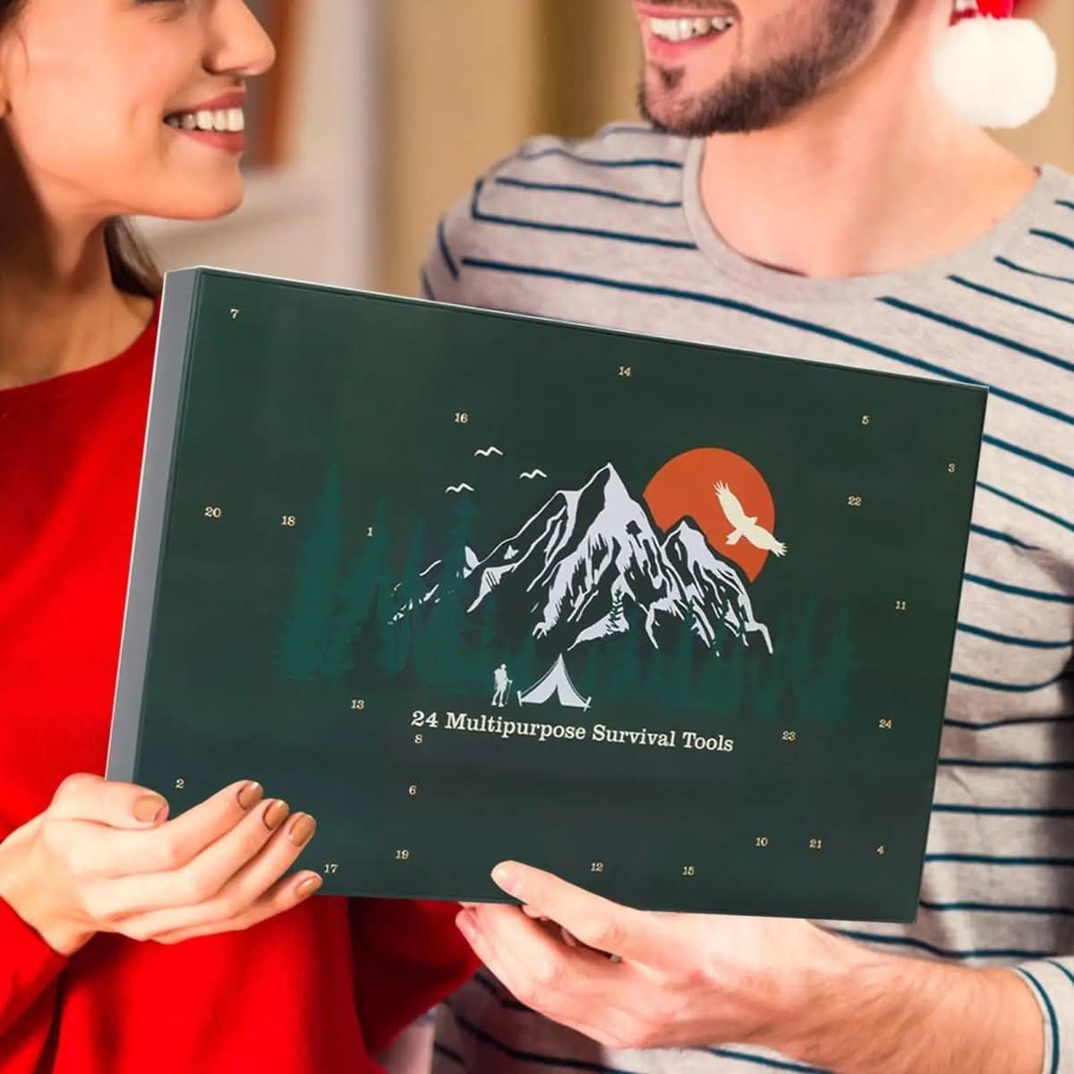 Julekalender for menn, fylt med 24 spennende utendørsverktøy for camping, fottur og fjellklatring.