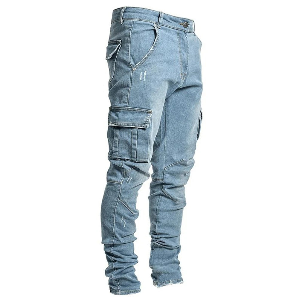 Menns blå elastiske cargo jeans i denim med flere lommer og slim fit, herreklær, streetwear