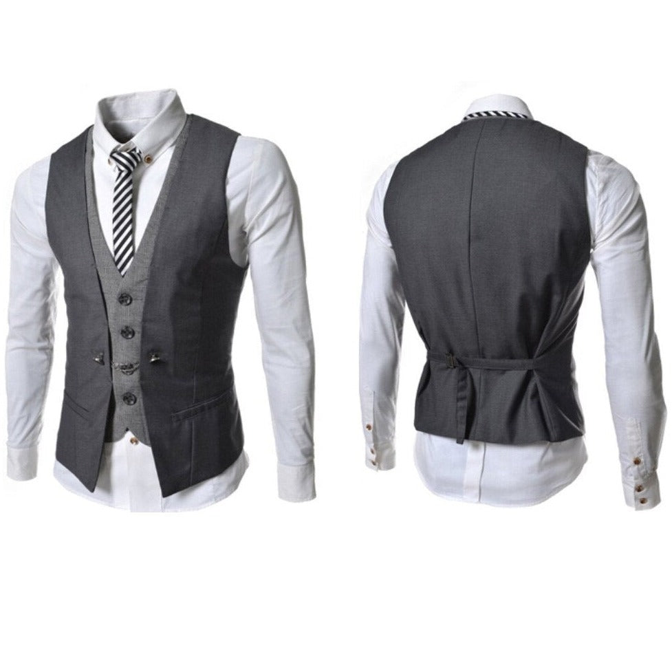 "Menns business vest dress, stilfulle V-hals design, slim fit, elegant mørkeblå farge, skreddersydd for kontorbruk."