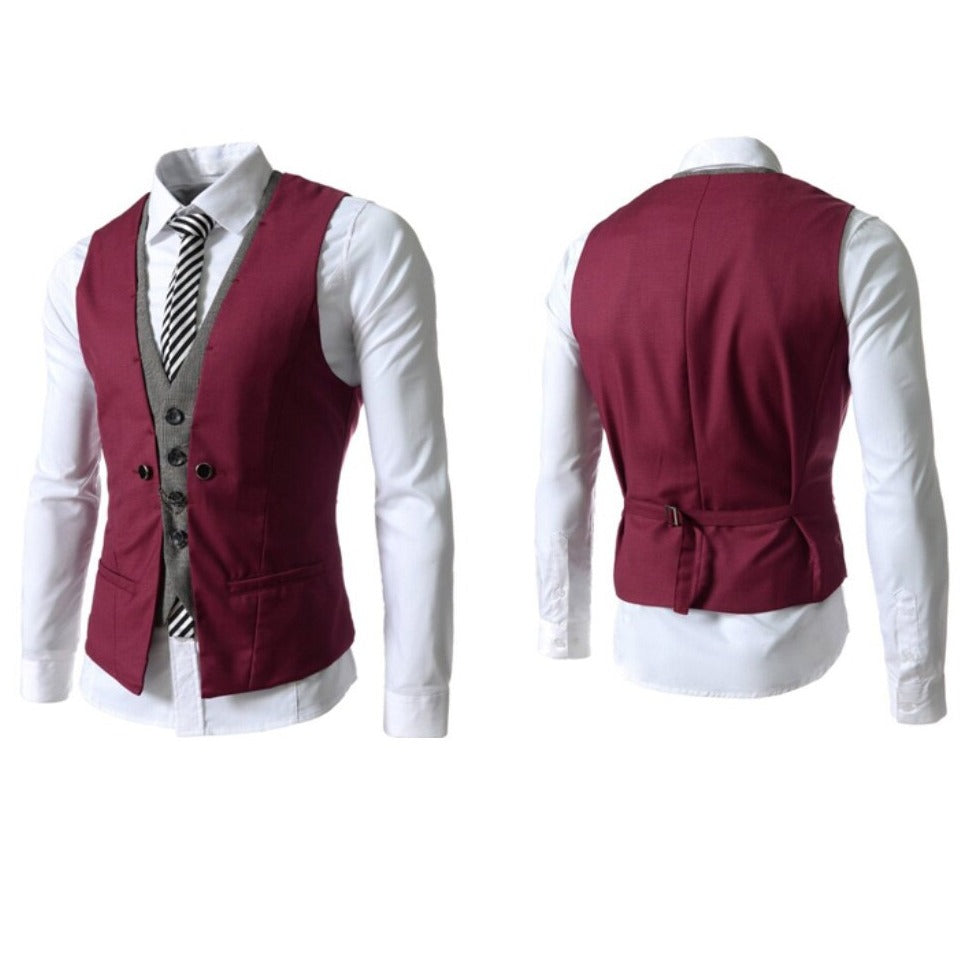 "Menns business vest dress, stilfulle V-hals design, slim fit, elegant mørkeblå farge, skreddersydd for kontorbruk."