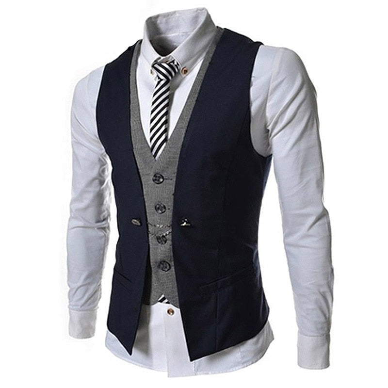 "Menns business vest dress, stilfulle V-hals design, slim fit, elegant mørkeblå farge, skreddersydd for kontorbruk."