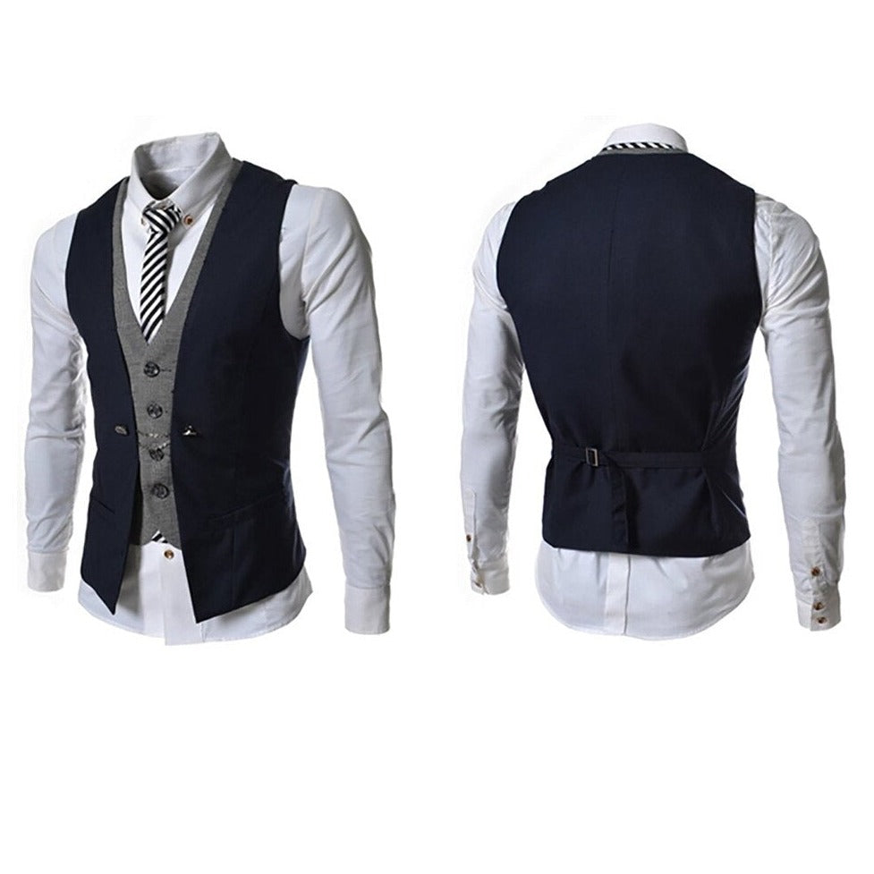 "Menns business vest dress, stilfulle V-hals design, slim fit, elegant mørkeblå farge, skreddersydd for kontorbruk."