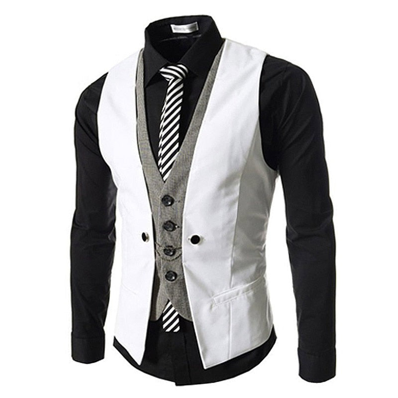 "Menns business vest dress, stilfulle V-hals design, slim fit, elegant mørkeblå farge, skreddersydd for kontorbruk."