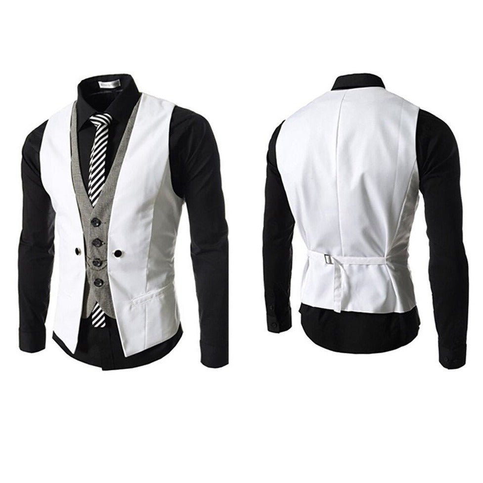 "Menns business vest dress, stilfulle V-hals design, slim fit, elegant mørkeblå farge, skreddersydd for kontorbruk."