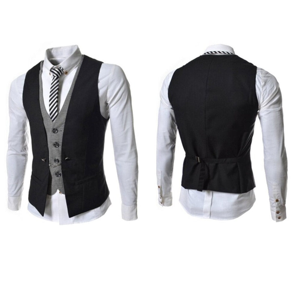 "Menns business vest dress, stilfulle V-hals design, slim fit, elegant mørkeblå farge, skreddersydd for kontorbruk."