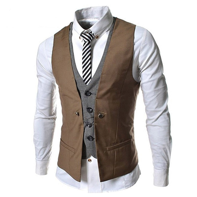 "Menns business vest dress, stilfulle V-hals design, slim fit, elegant mørkeblå farge, skreddersydd for kontorbruk."