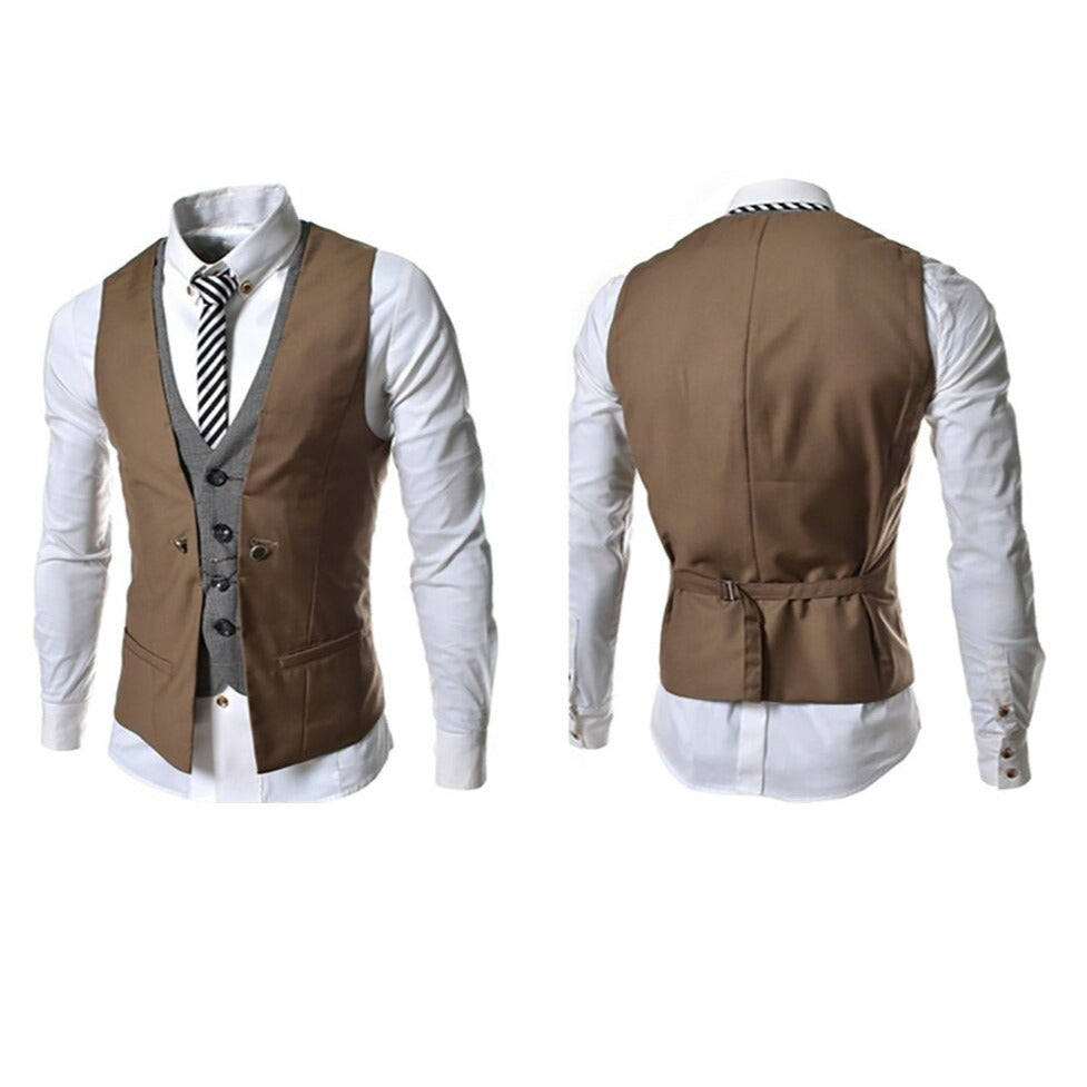 "Menns business vest dress, stilfulle V-hals design, slim fit, elegant mørkeblå farge, skreddersydd for kontorbruk."