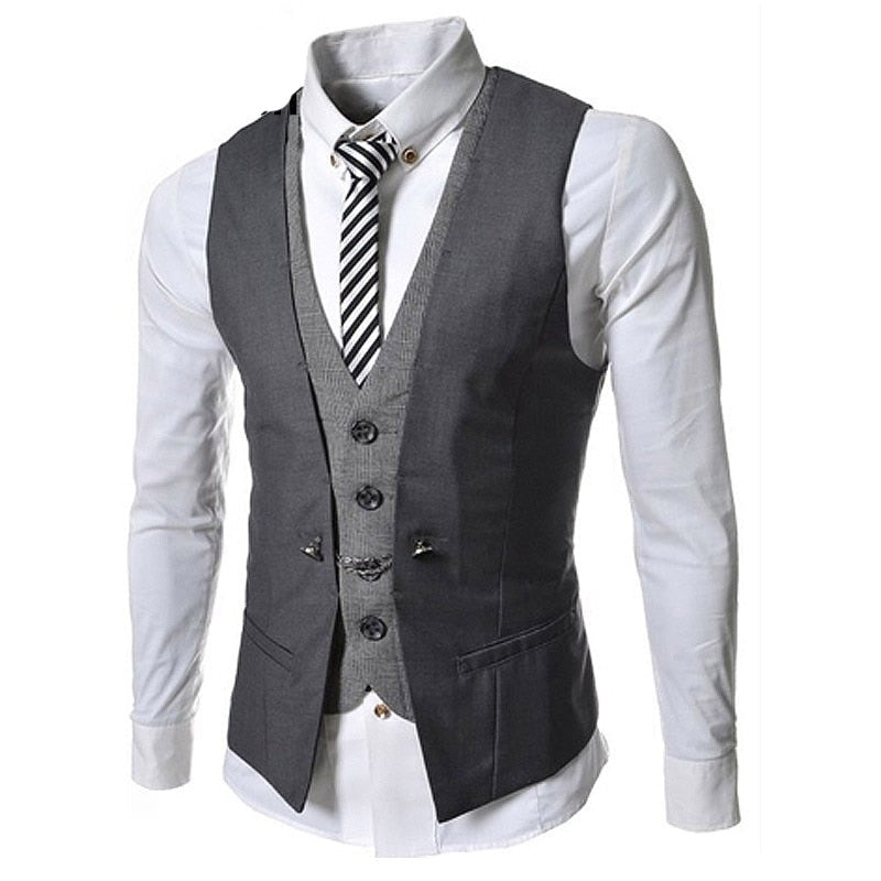 "Menns business vest dress, stilfulle V-hals design, slim fit, elegant mørkeblå farge, skreddersydd for kontorbruk."