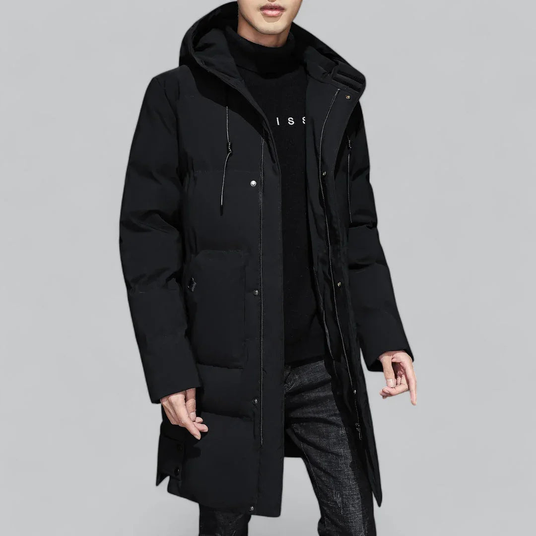 Varm menns parkas, isolert for ekstrem kulde. Vindtett og vannavstøtende lang vinterjakke for herre.