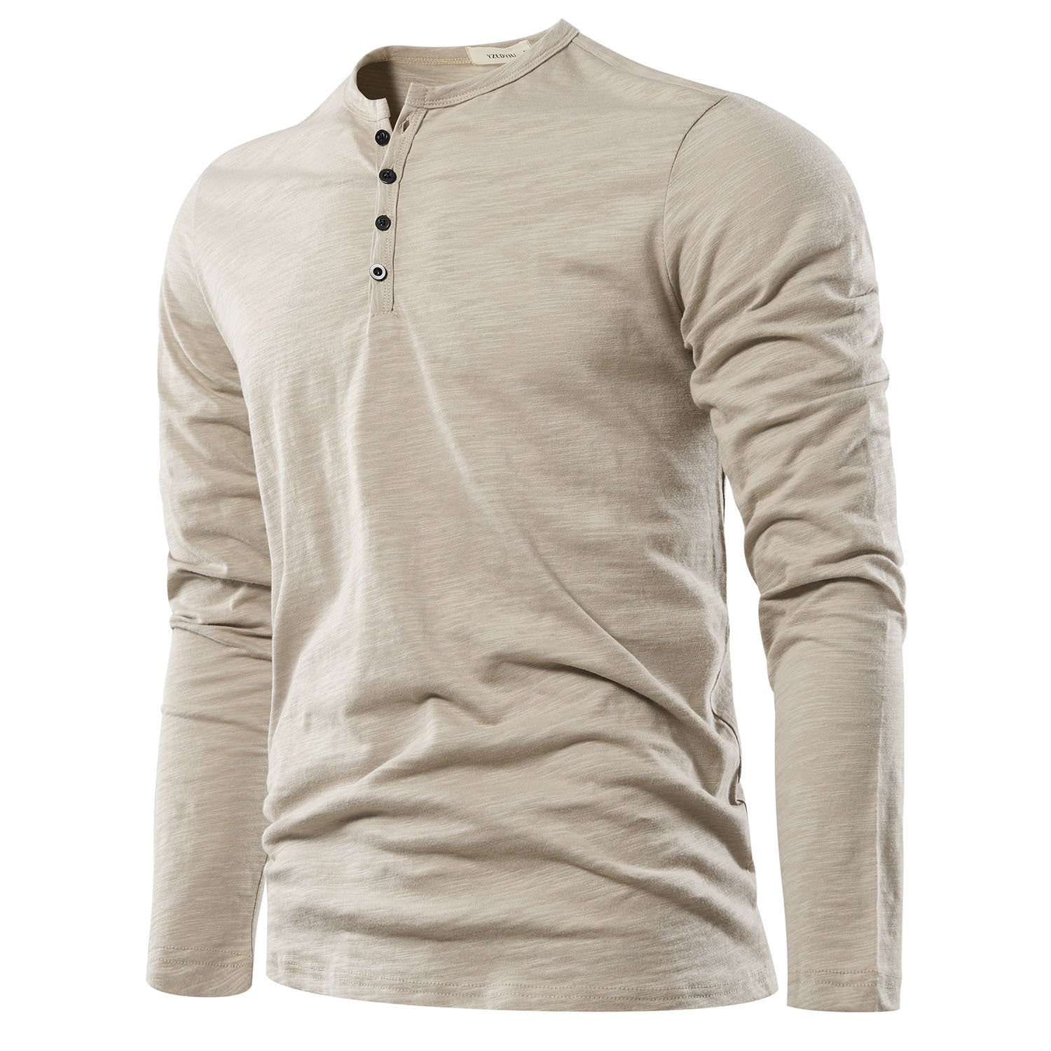 Menns casual langermet Henley t-skjorte i khaki, med fokus på passform.
