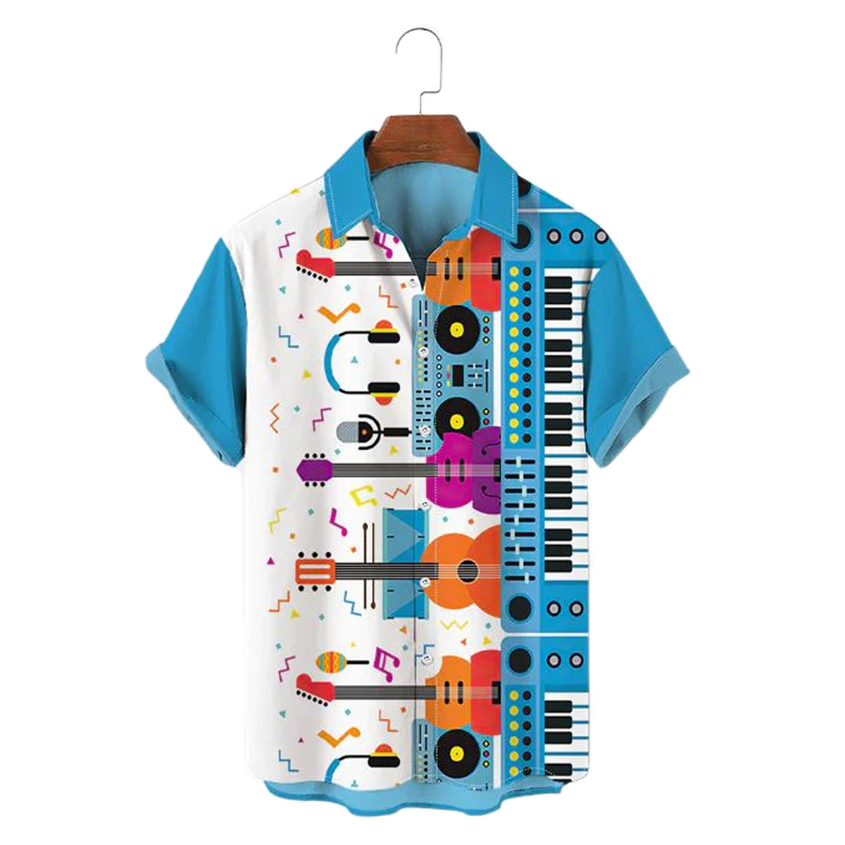 Menns musikk skjorte i polyester med stilig gitardesign. Komfortabel og uformell herreskjorte med korte ermer, perfekt for sommer.