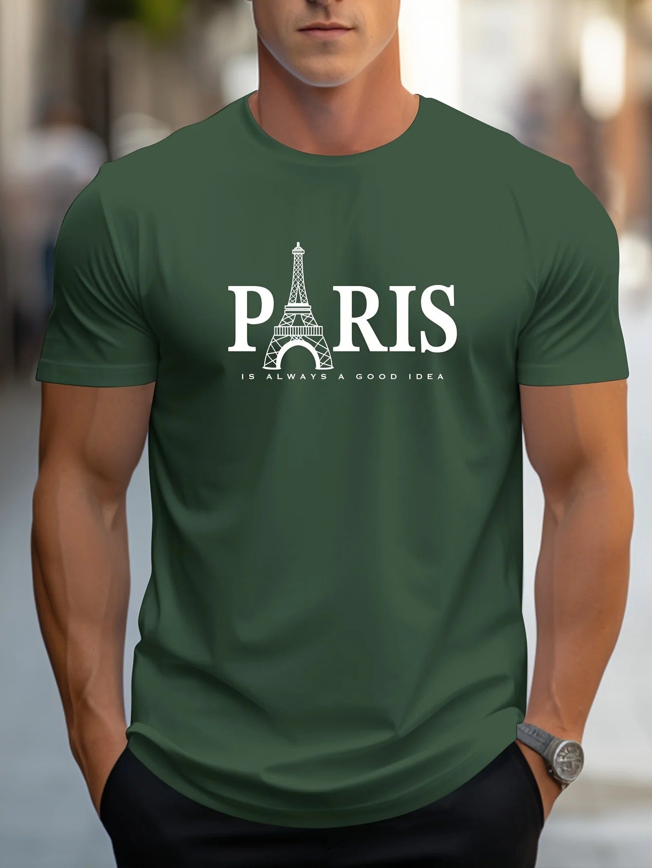 Trendy herre t-skjorte, oversized passform, Paris bymotiv, perfekt for casual streetwear og fritidsklær.