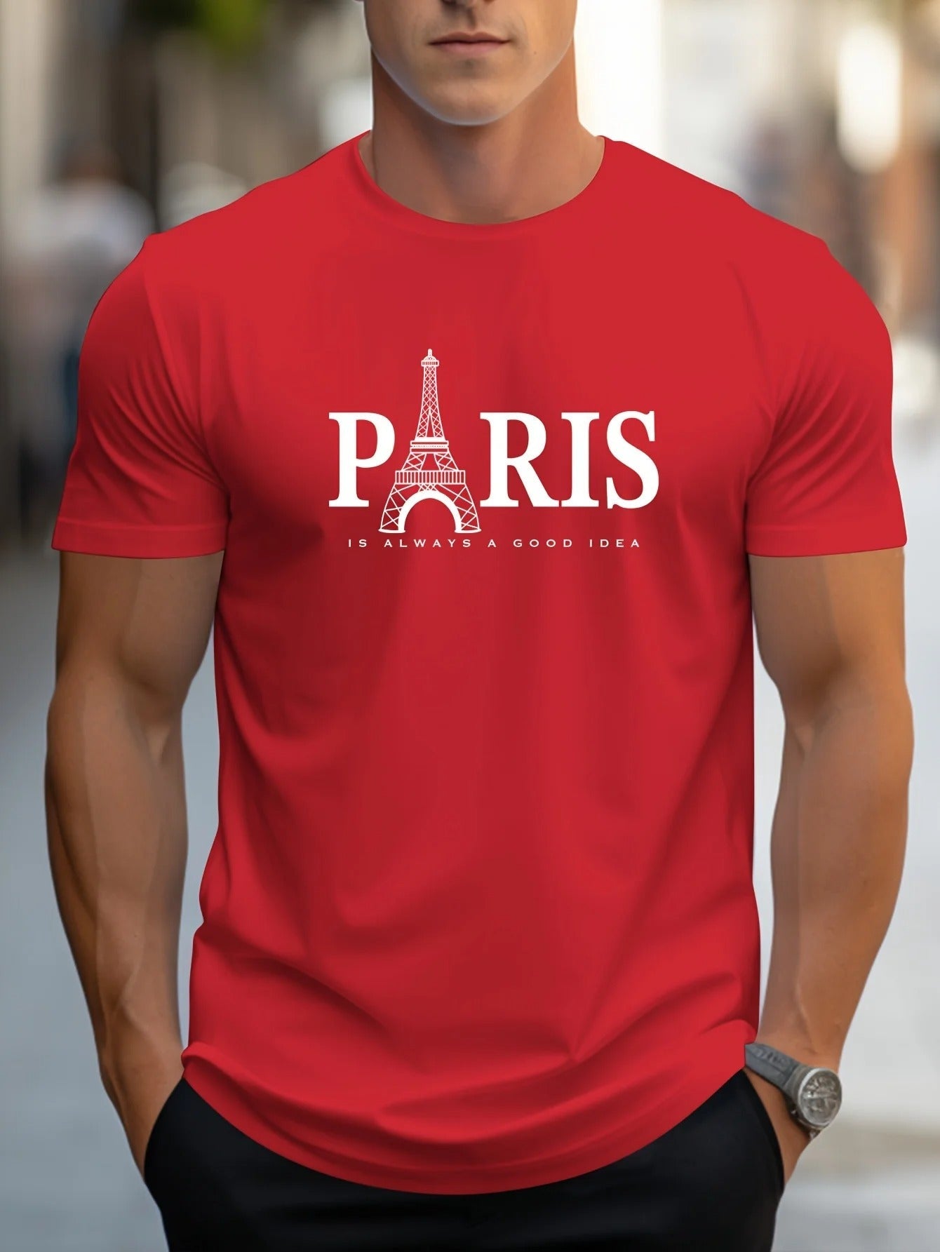 Oversized t-skjorte for menn med trendy Paris-motiv, kort erme og rund hals, gir kul streetwear-look.
