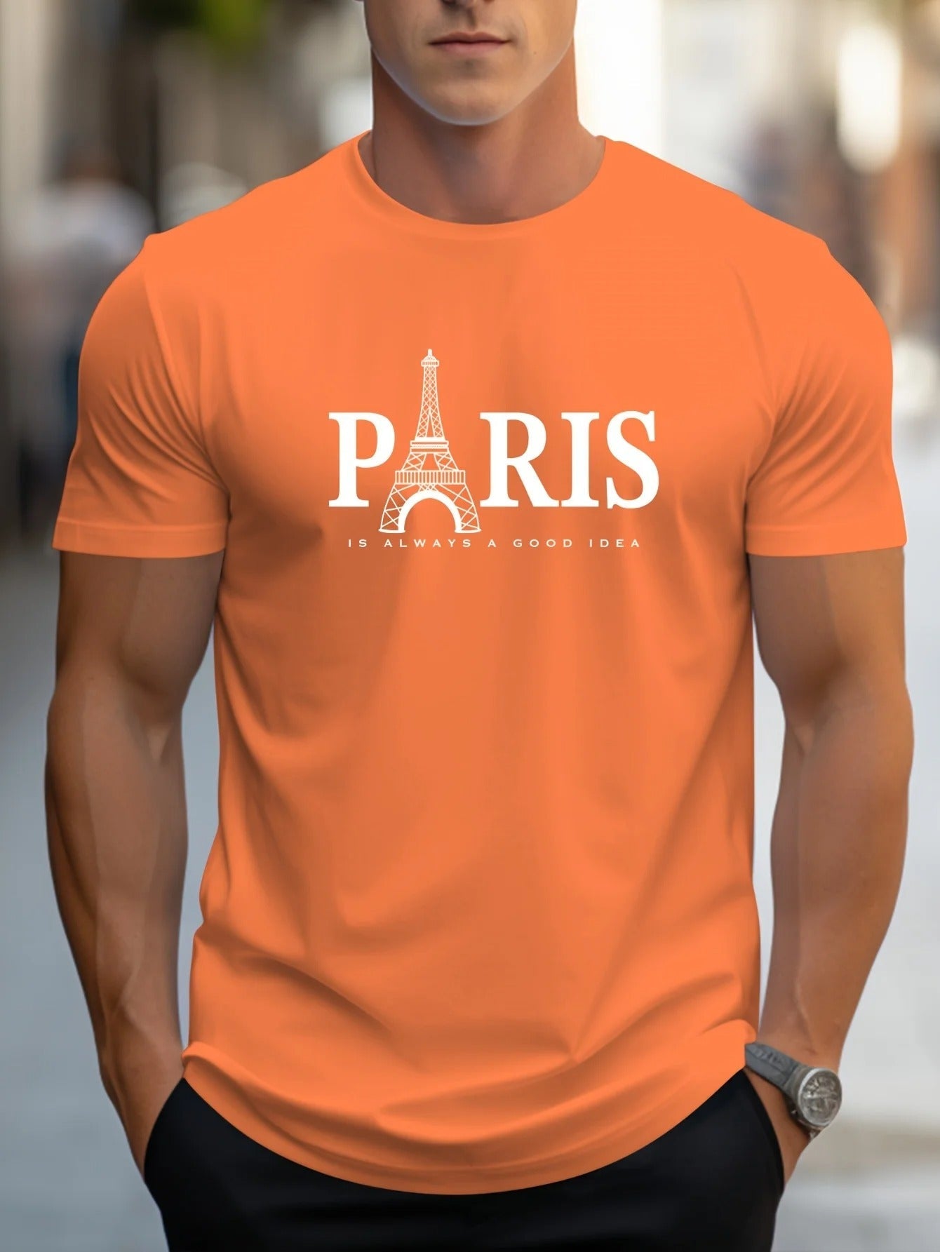 Herre t-skjorte, oversized, med detaljert Paris-motiv foran, komfortabel og trendy fritidsklær for menn.