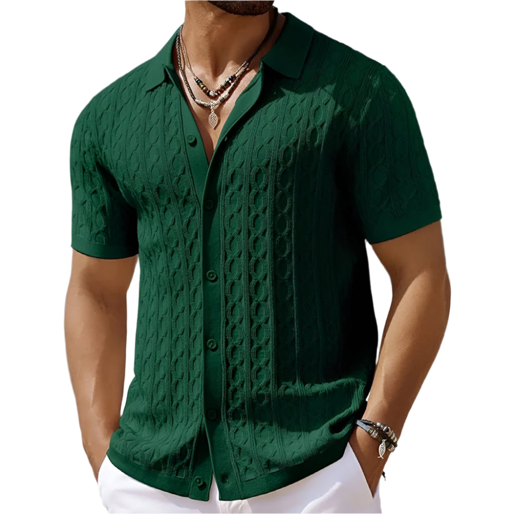 Menns retro jacquardstrikket polo i klassisk stil; perfekt for smart casual fritid og herremote.