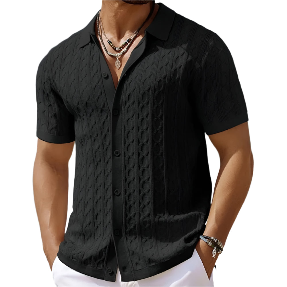 Khaki menns retro jacquardstrikket polo, en komfortabel klassiker for smart casual herremote.