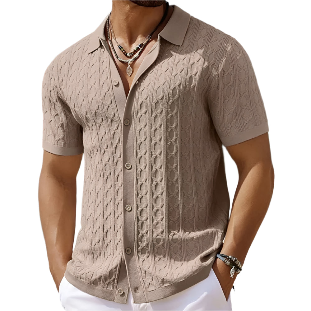 Menns jacquardstrikket polo i klassisk retro stil, komfortabel poloskjorte for smart casual look.