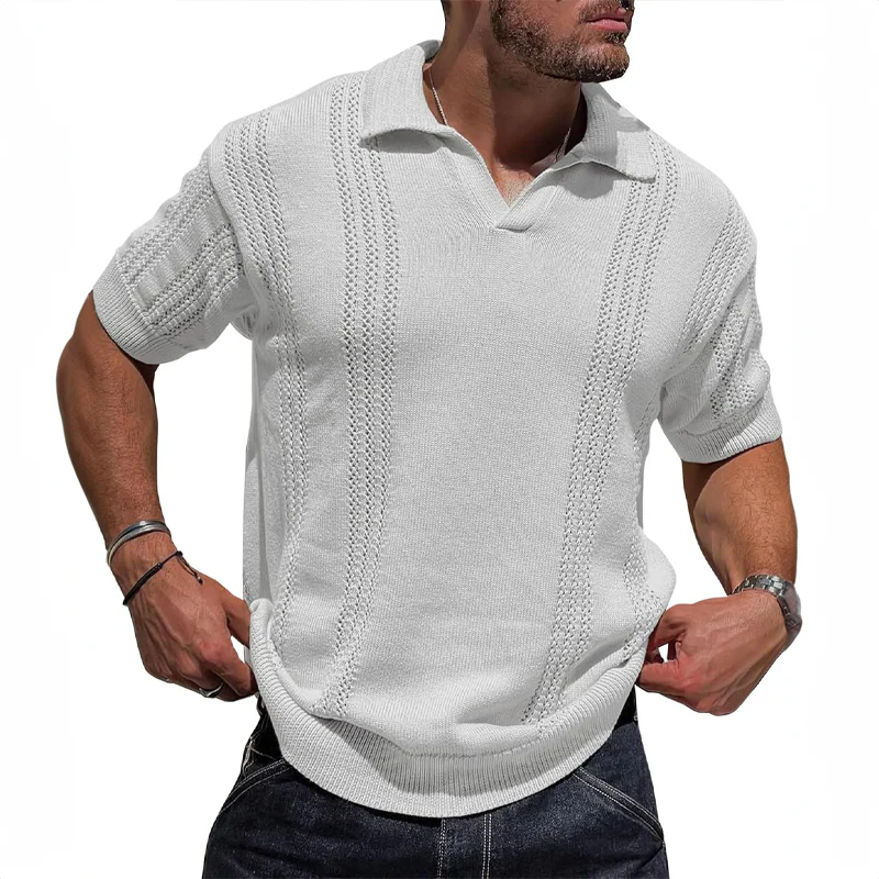 Menns strikket poloskjorte for sommeren, pustende og stilfull, perfekt for business casual og fritid.
