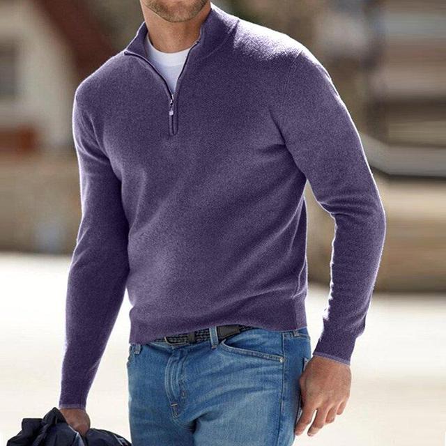 Menns V-hals pullover med glidelås, komfortabel langermet genser for casual og smart casual stil.