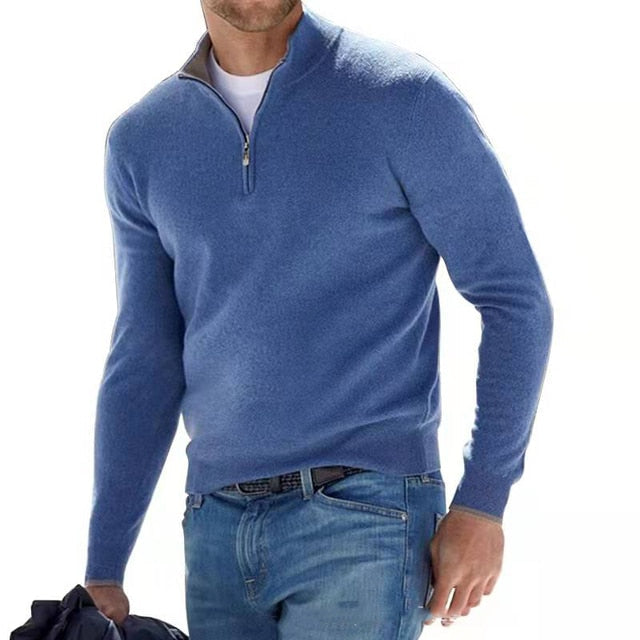 Klassisk grå menns V-hals pullover genser med praktisk glidelås, perfekt for komfortabel høstantrekk.