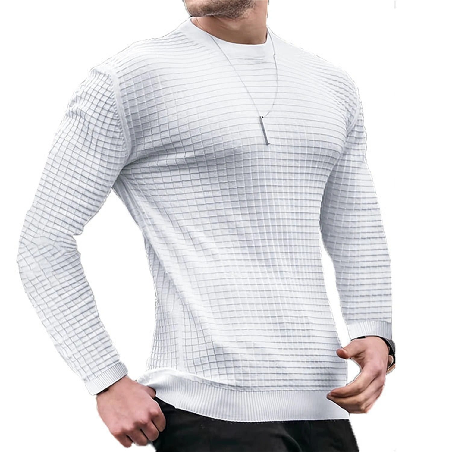 Menns vaffelgenser på modell, viser avslappet passform og komfortabel stil for herre.