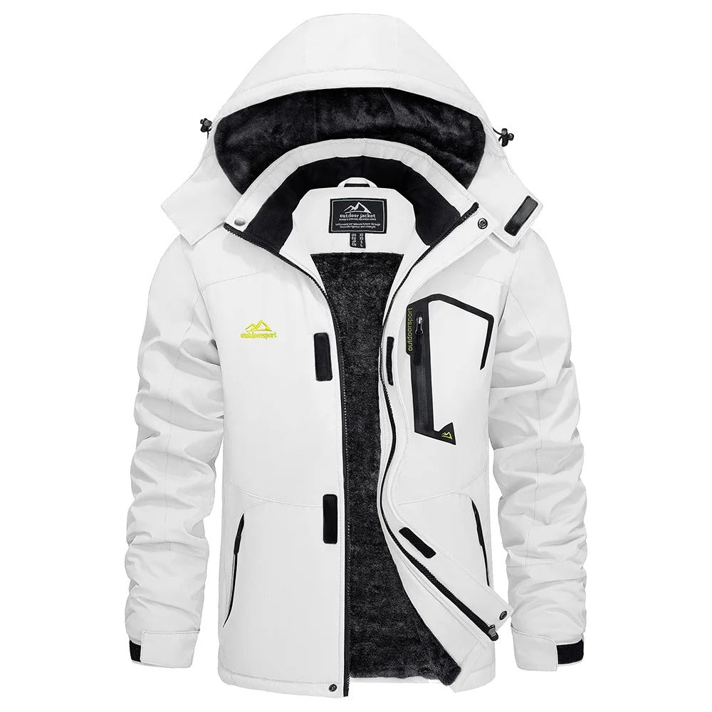 Skiutstyr: vanntett skijakke for herre med fleece, designet for varme og tørrhet.