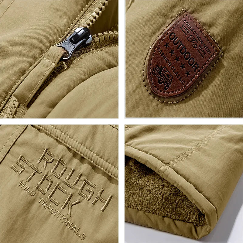 Stilig menns taktisk vinterfrakk i mørk farge, vanntett og funksjonell parkas for menn. Robust design.